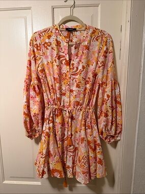 Aakaa Pink & Orange Floral Tie-Waist Long Sleeve Mini Dress